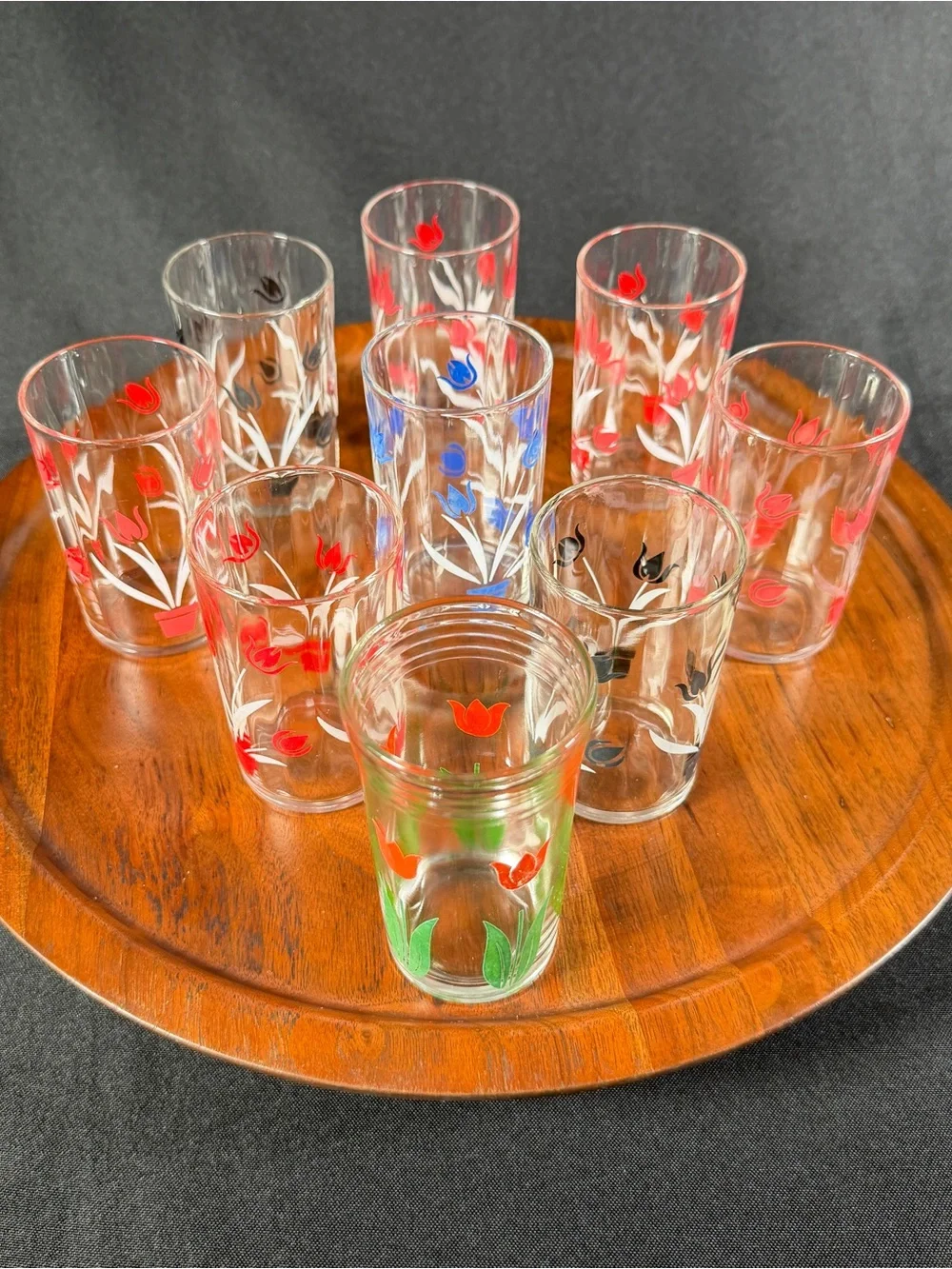 Vintage Floral Glass Tumbler Set - Red and Blue Tulip Design